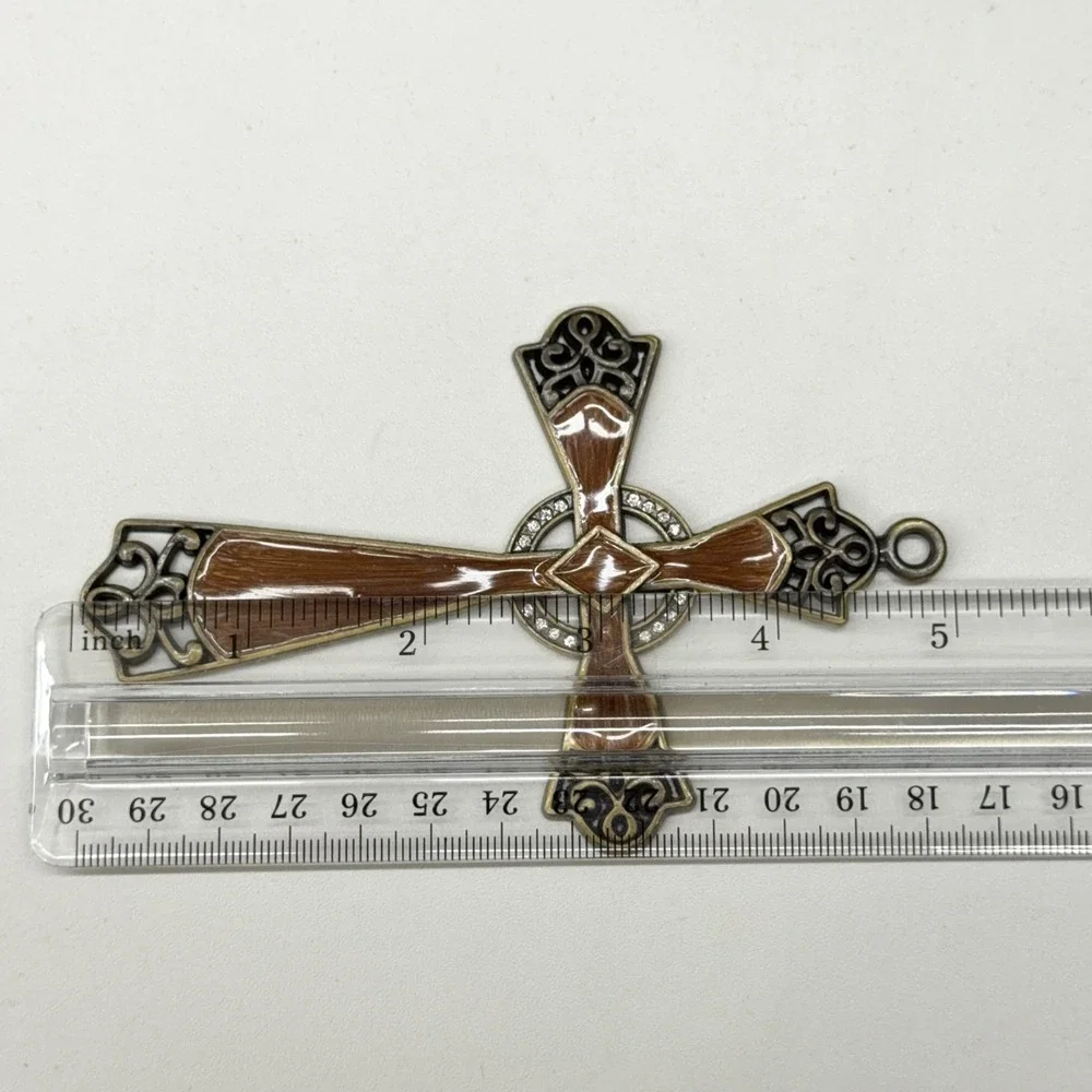 Celtic Cross Ornament with Stand Antique‎ Brass Brown Enamel Rhinestone 5 Inch